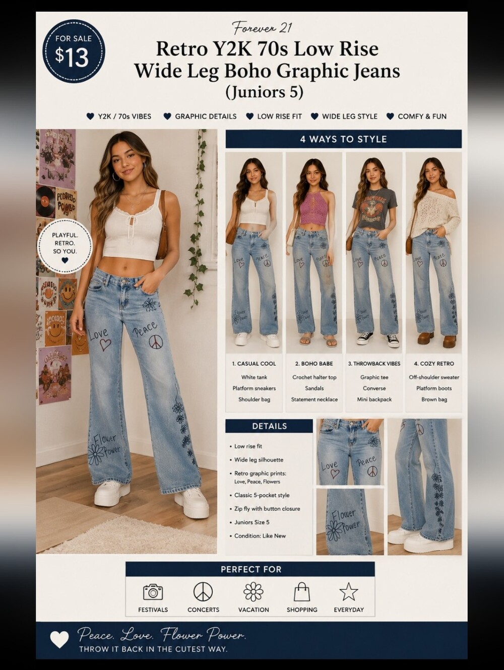 Forever 21~Retro Y2K 70s Low Rise Wide Leg Boho Graphic Jeans (Juniors 5)